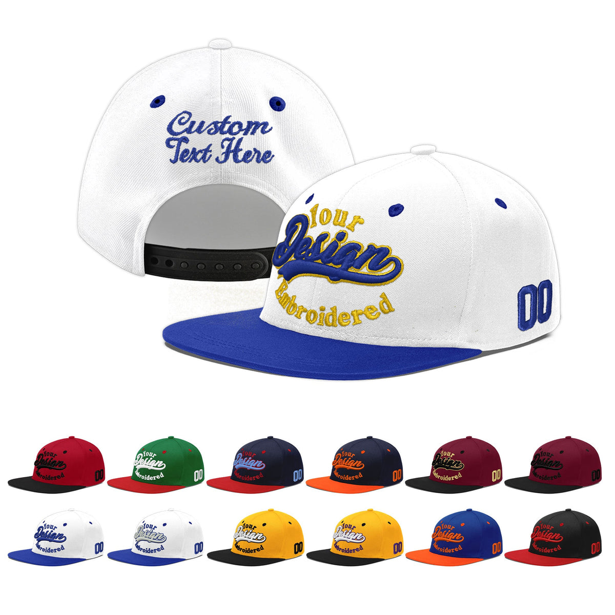 Custom White Royal Blue 171D Puff Embroidery Flat Embroidery Casual Sport Baseball Cap