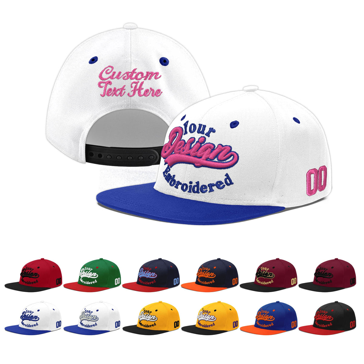 Custom White Royal Blue 187D Puff Embroidery Flat Embroidery Casual Sport Baseball Cap