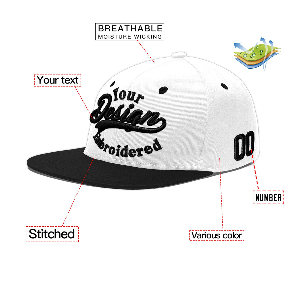 Custom White Black 3D Puff Embroidery Flat Embroidery Casual Sport Baseball Cap