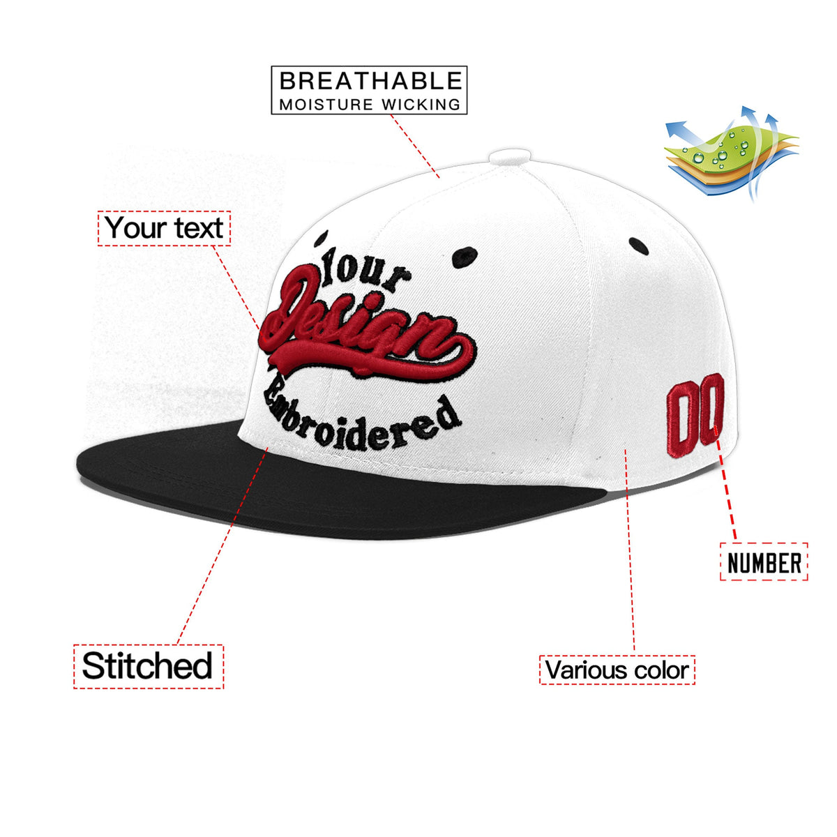 Custom White Black 3D Puff Embroidery Flat Embroidery Casual Sport Baseball Cap