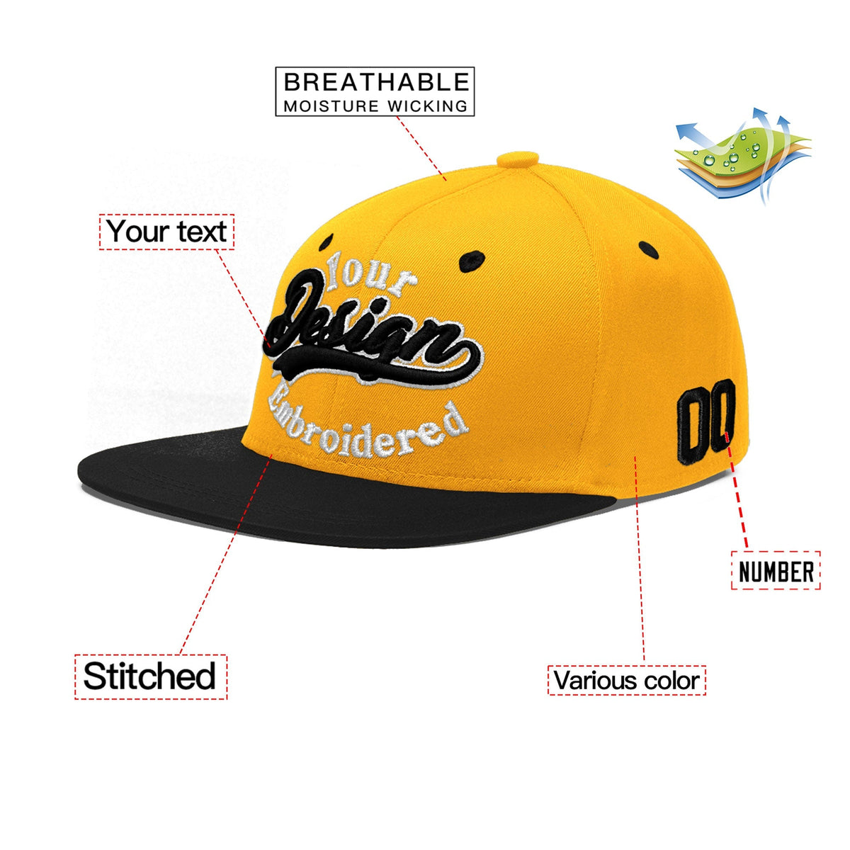 Custom Gold Black 3D Puff Embroidery Flat Embroidery Casual Sport Baseball Cap