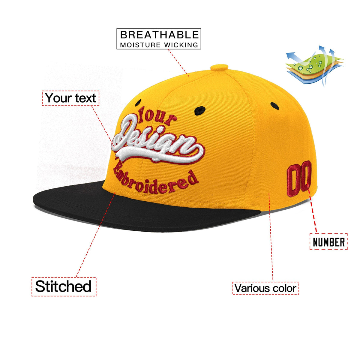 Custom Gold Black 3D Puff Embroidery Flat Embroidery Casual Sport Baseball Cap