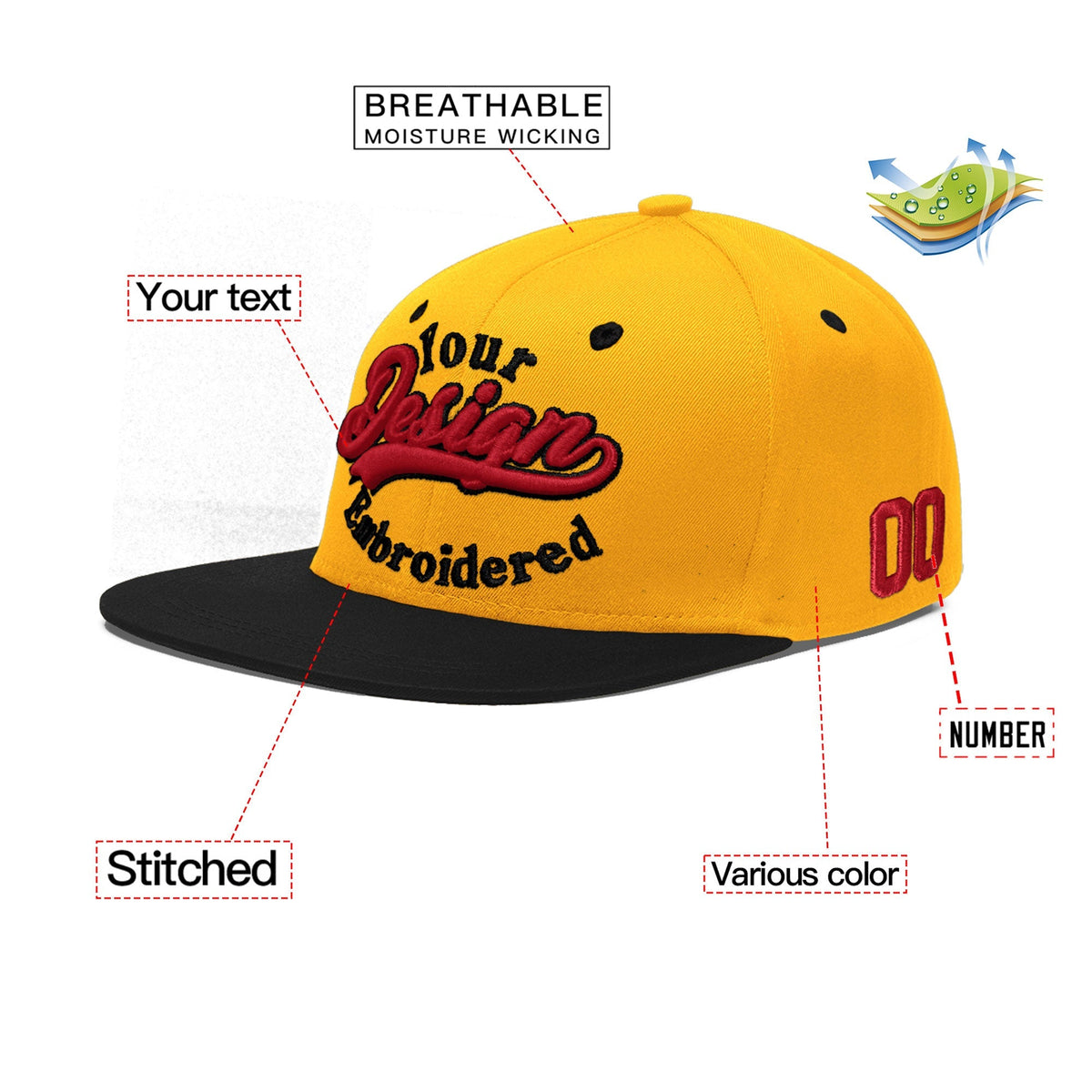 Custom Gold Black 133D Puff Embroidery Flat Embroidery Casual Sport Baseball Cap