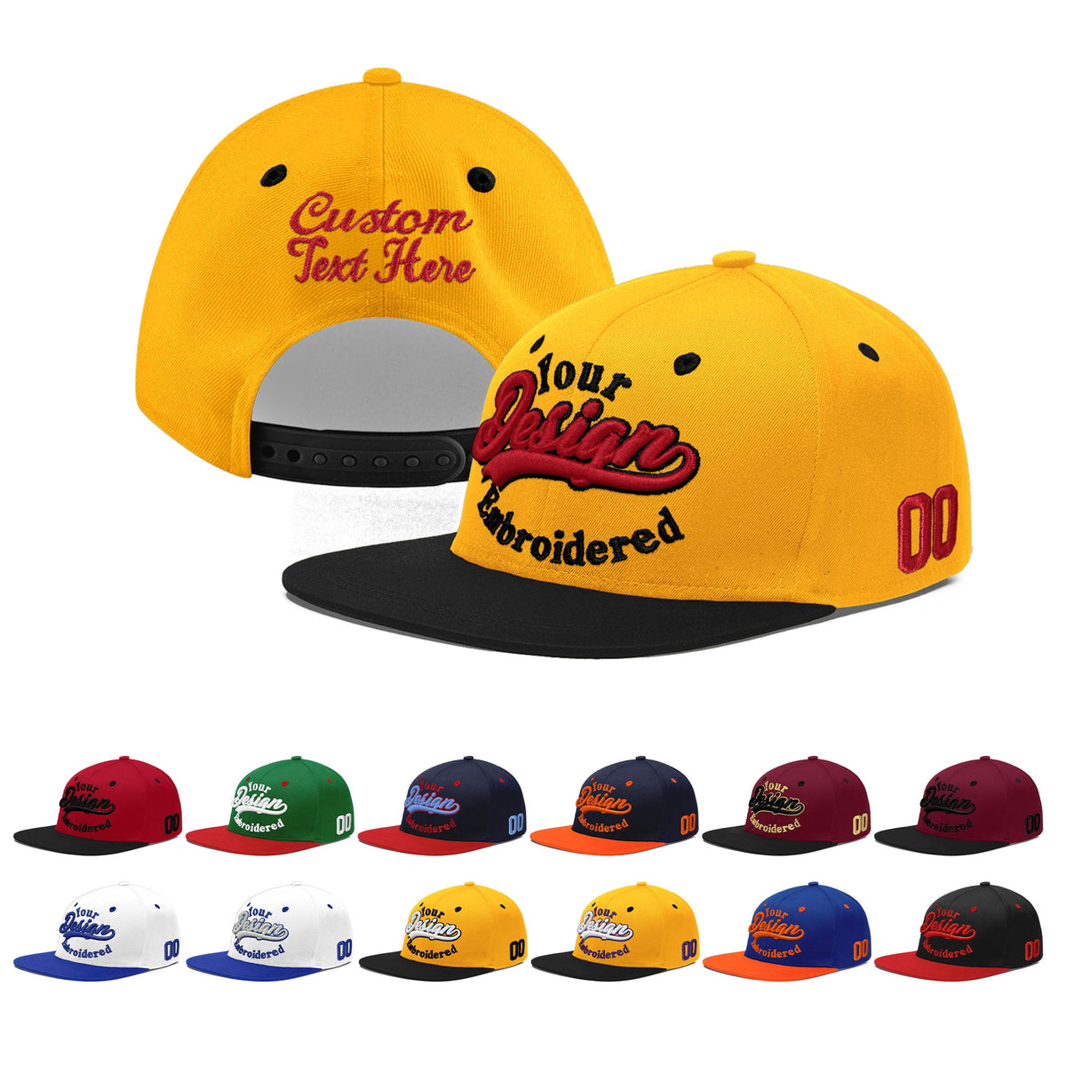 Custom Gold Black 131D Puff Embroidery Flat Embroidery Casual Sport Baseball Cap