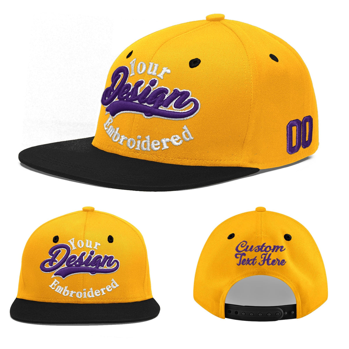 Custom Gold Black 148D Puff Embroidery Flat Embroidery Casual Sport Baseball Cap