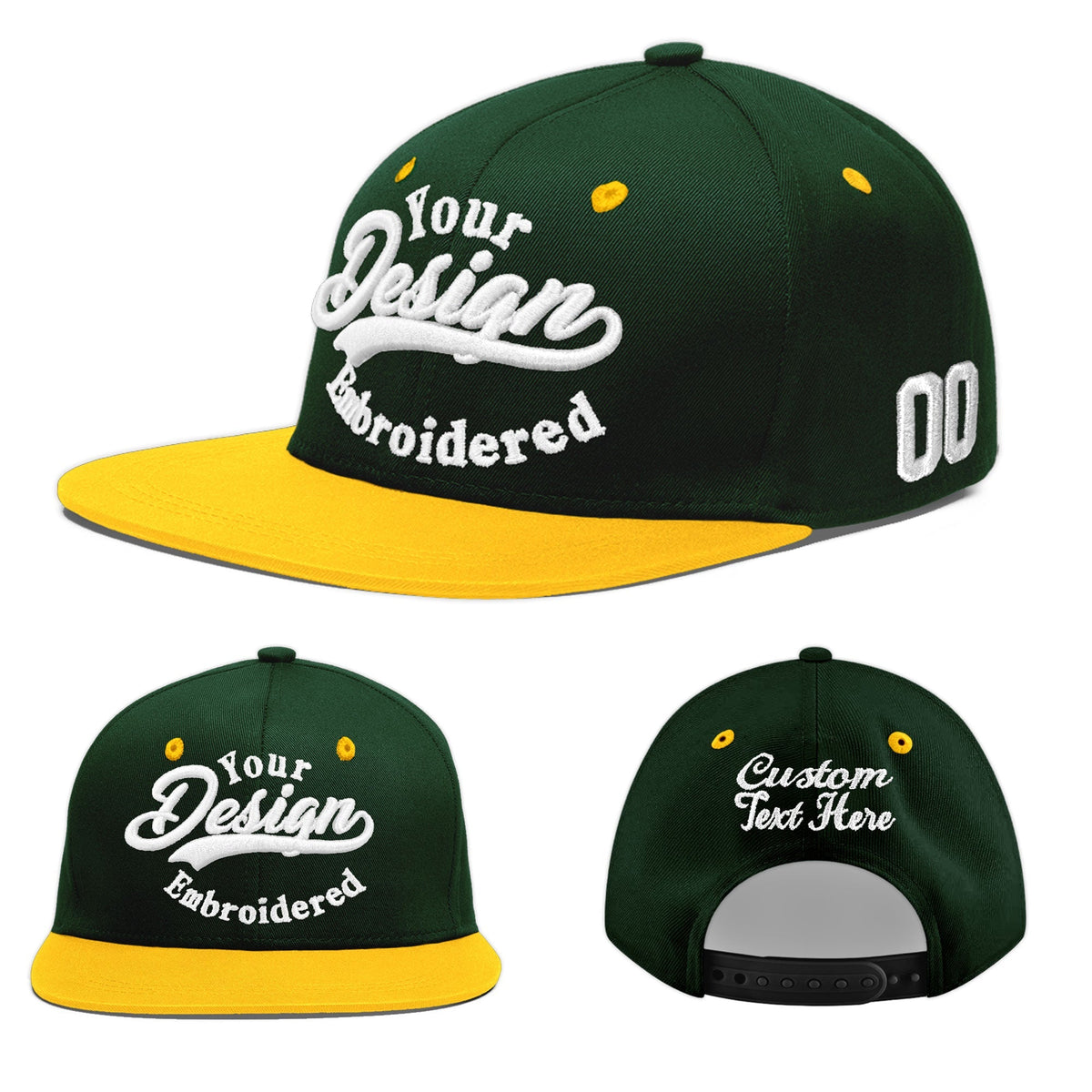Custom Green Gold 3D Puff Embroidery Flat Embroidery Casual Sport Baseball Cap