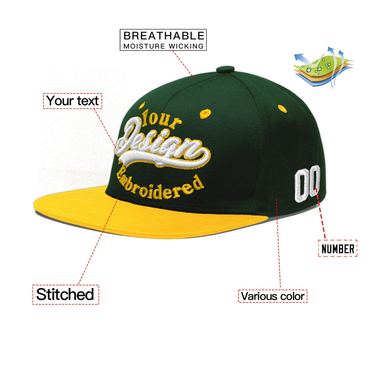 Custom Green Gold 3D Puff Embroidery Flat Embroidery Casual Sport Baseball Cap