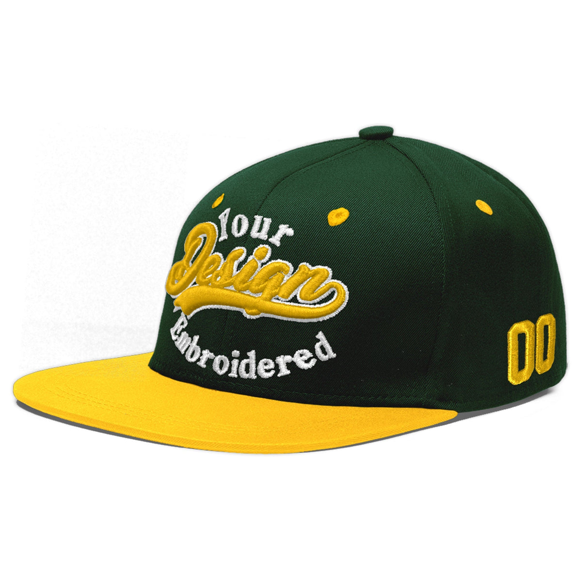 Custom Green Gold 3D Puff Embroidery Flat Embroidery Casual Sport Baseball Cap