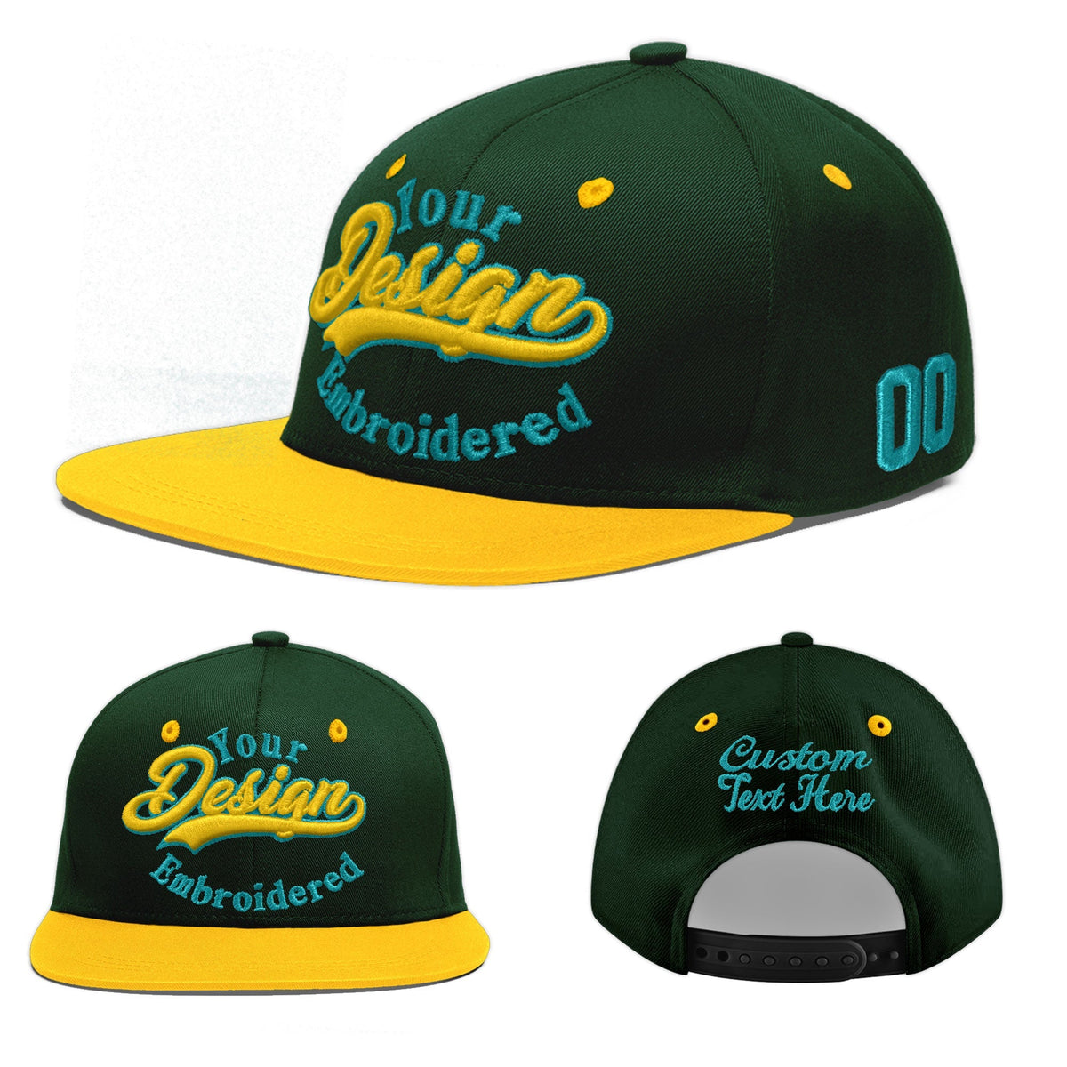 Custom Green Gold 3D Puff Embroidery Flat Embroidery Casual Sport Baseball Cap