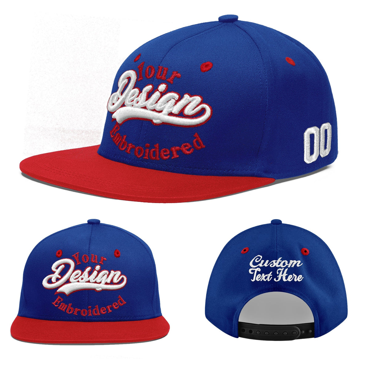 Custom Royal Blue Red 3D Puff Embroidery Flat Embroidery Casual Sport Baseball Cap