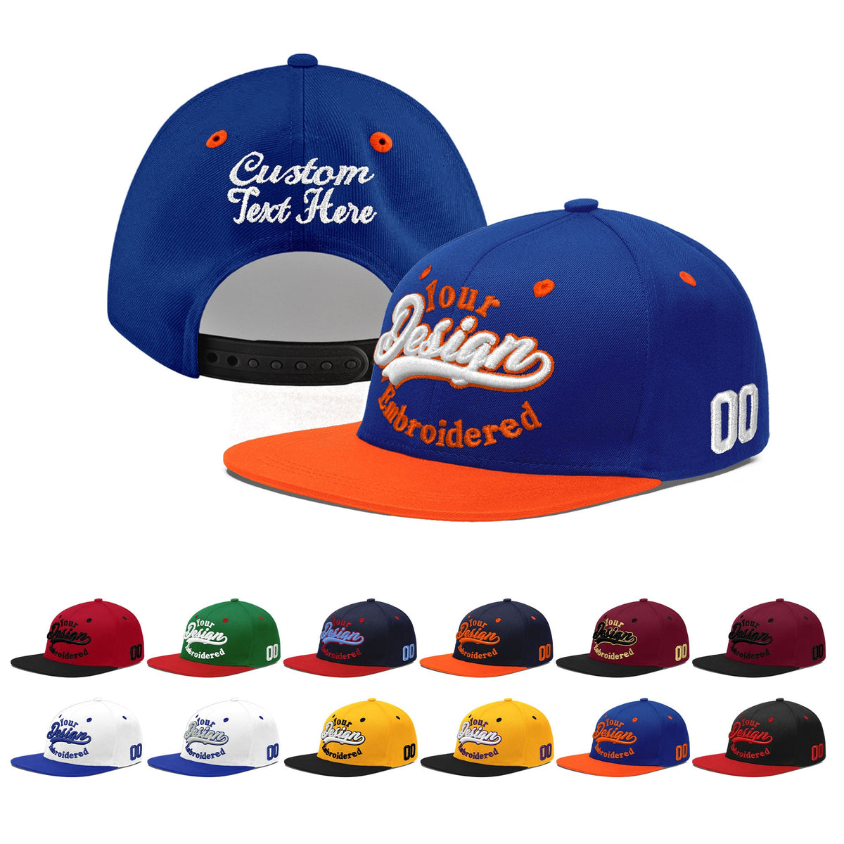 Custom Royal Blue Orange 3D Puff Embroidery Flat Embroidery Casual Sport Baseball Cap