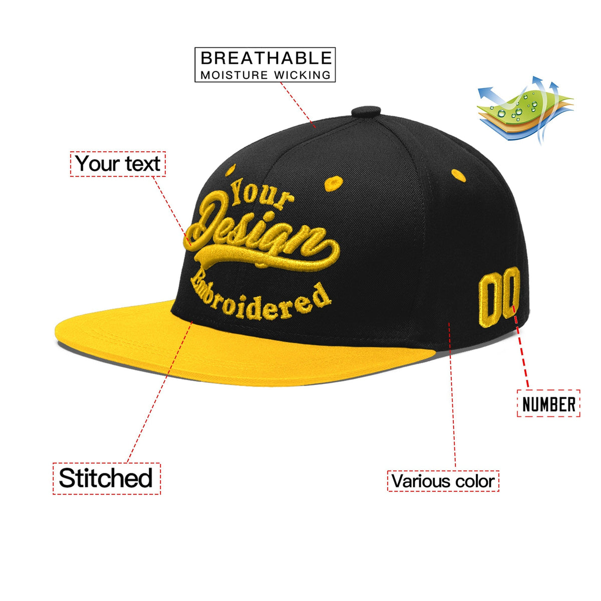 Custom Black Gold 3D Puff Embroidery Flat Embroidery Casual Sport Baseball Cap