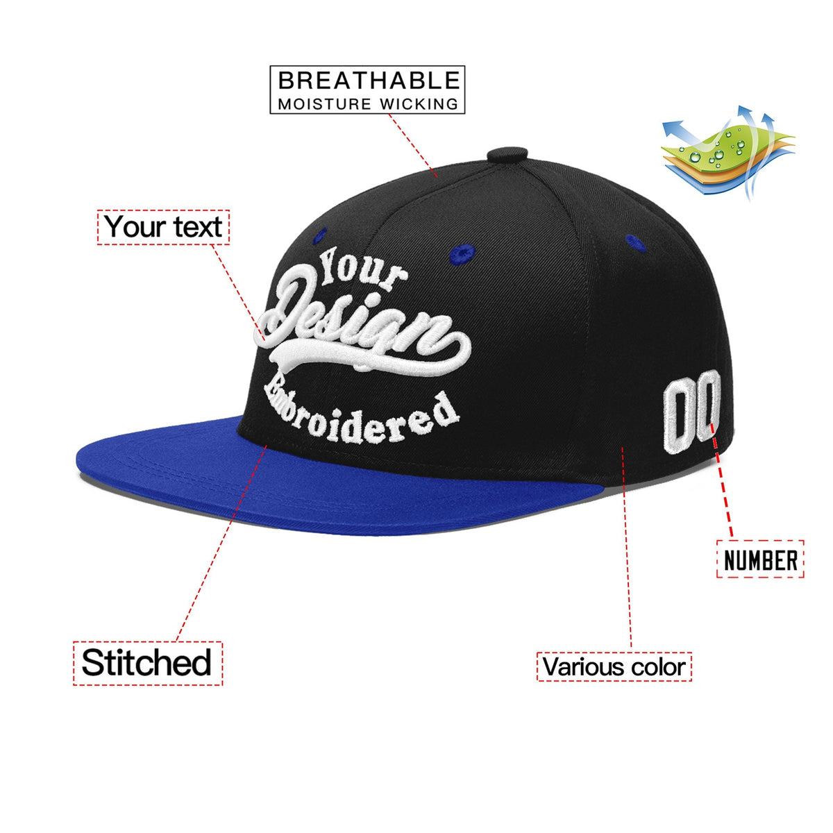 Custom Black Royal Blue 3D Puff Embroidery Flat Embroidery Casual Sport Baseball Cap