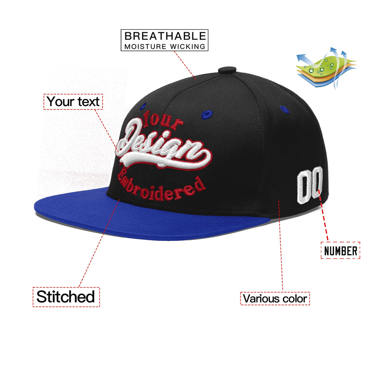 Custom Black Royal Blue 3D Puff Embroidery Flat Embroidery Casual Sport Baseball Cap