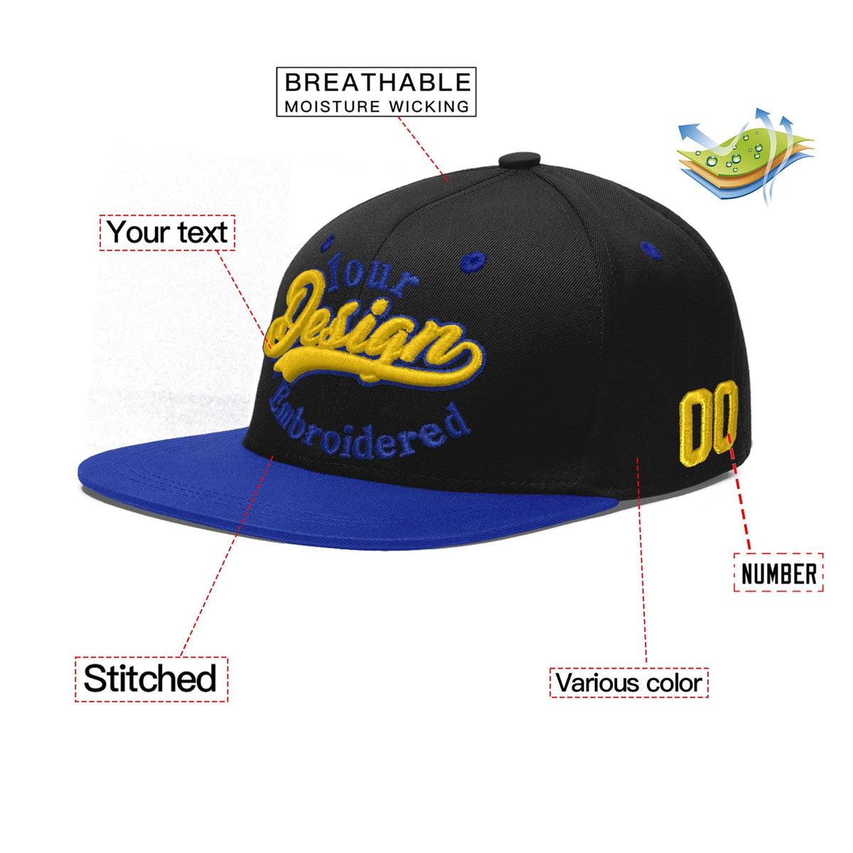 Custom Black Royal Blue 3D Puff Embroidery Flat Embroidery Casual Sport Baseball Cap