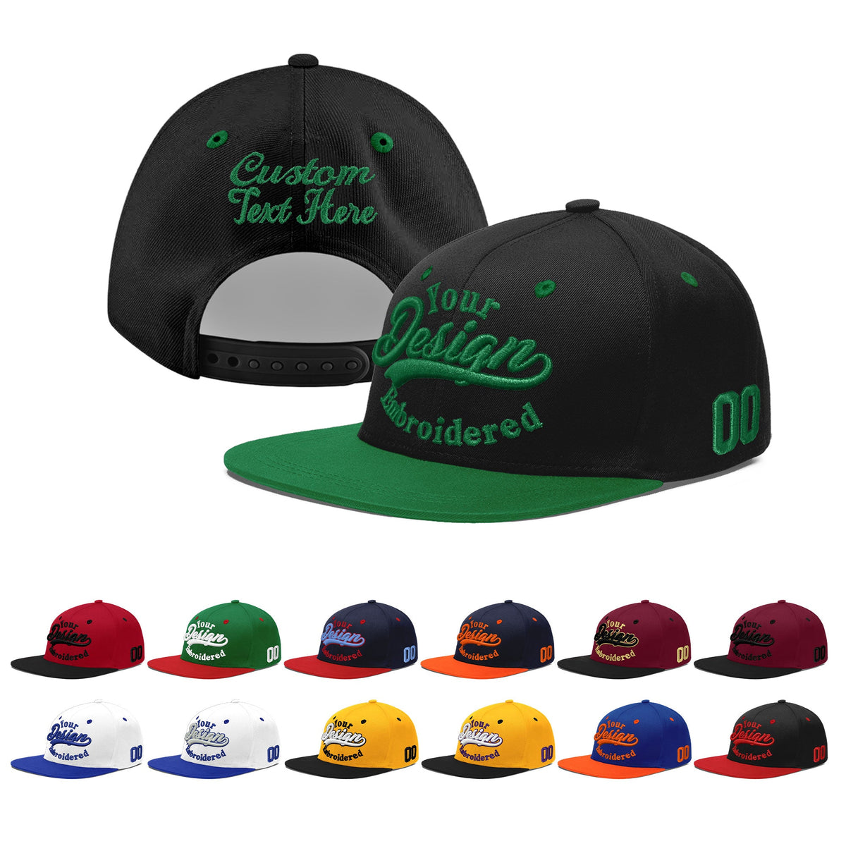 Custom Black Kelly Green 3D Puff Embroidery Flat Embroidery Casual Sport Baseball Cap