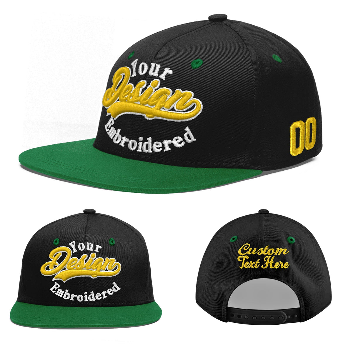 Custom Black Kelly Green 3D Puff Embroidery Flat Embroidery Casual Sport Baseball Cap