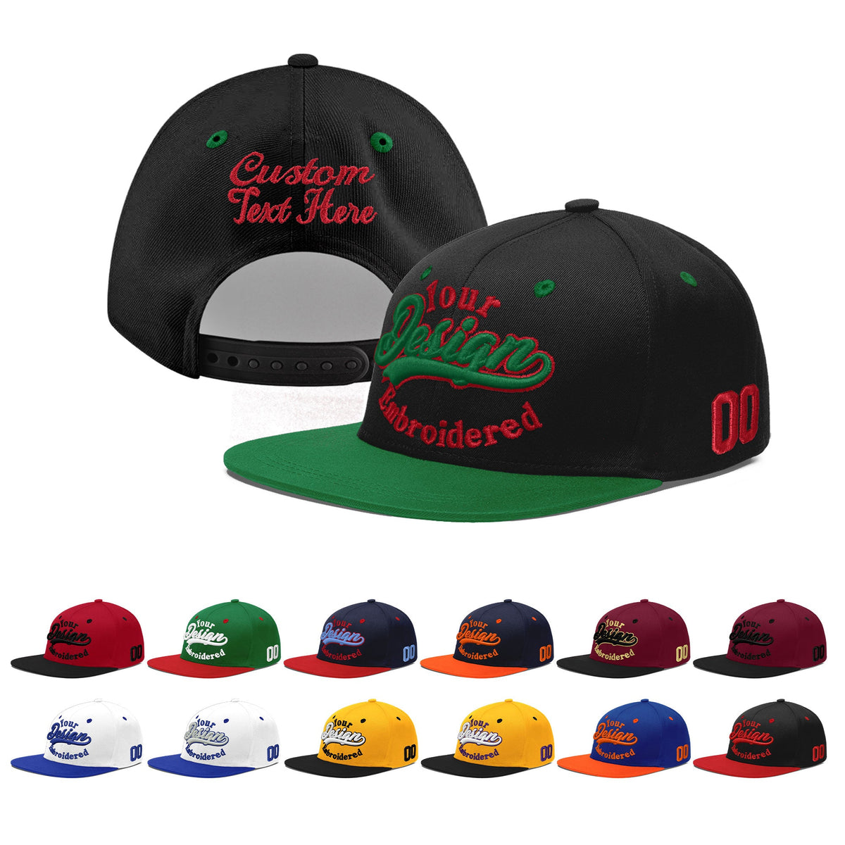 Custom Black Kelly Green 3D Puff Embroidery Flat Embroidery Casual Sport Baseball Cap