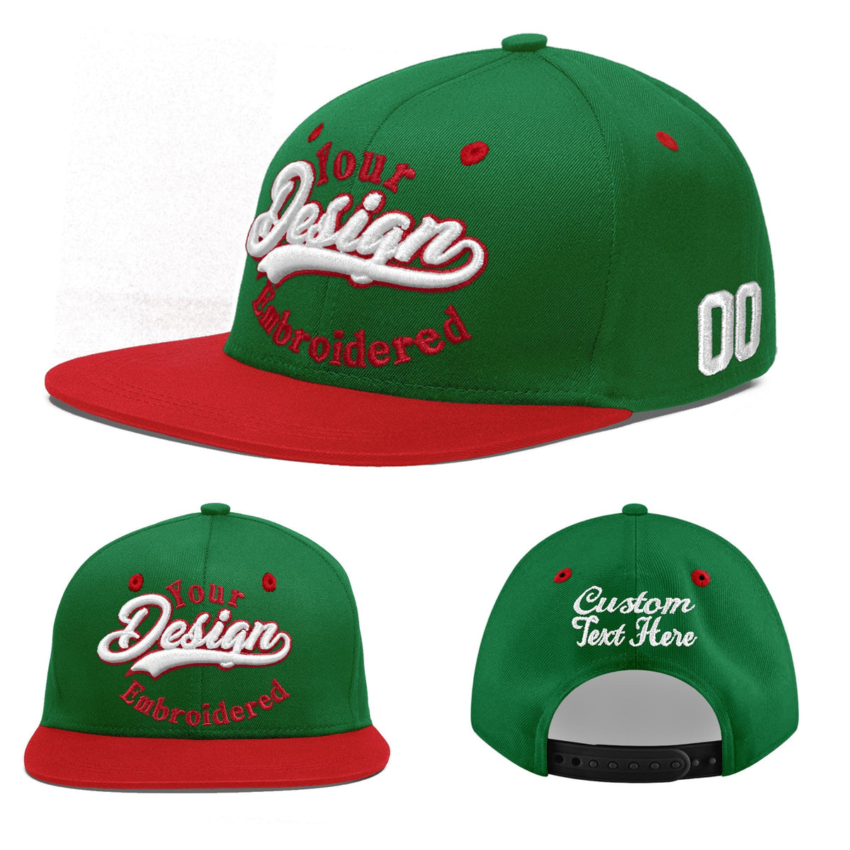 Custom Kelly Green Red 3D Puff Embroidery Flat Embroidery Casual Sport Baseball Cap