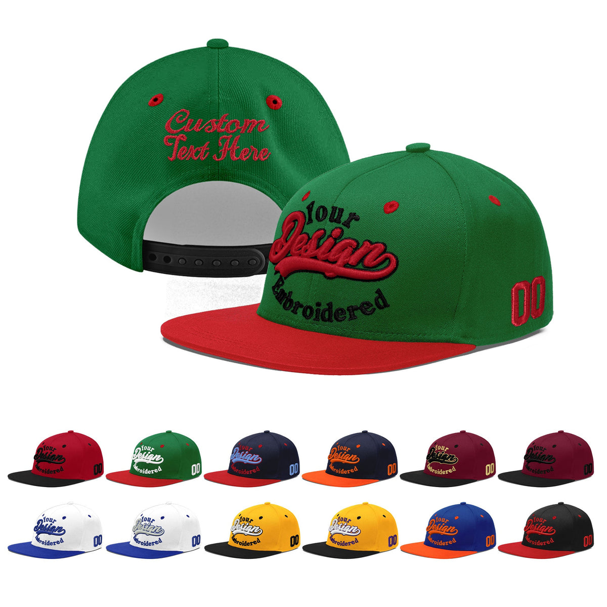 Custom Kelly Green Red 3D Puff Embroidery Flat Embroidery Casual Sport Baseball Cap
