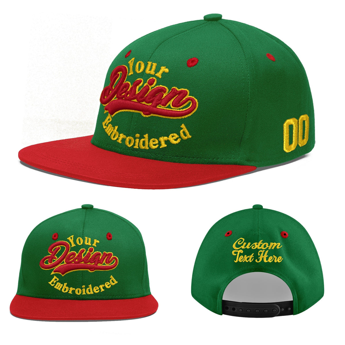 Custom Kelly Green Red 3D Puff Embroidery Flat Embroidery Casual Sport Baseball Cap