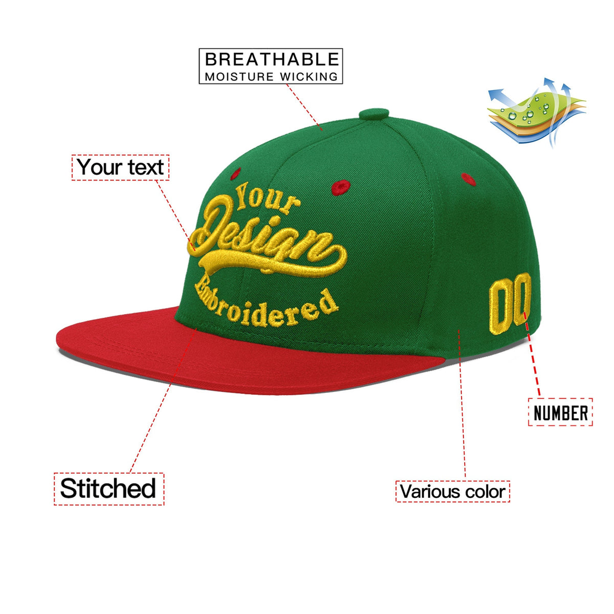 Custom Kelly Green Red 3D Puff Embroidery Flat Embroidery Casual Sport Baseball Cap