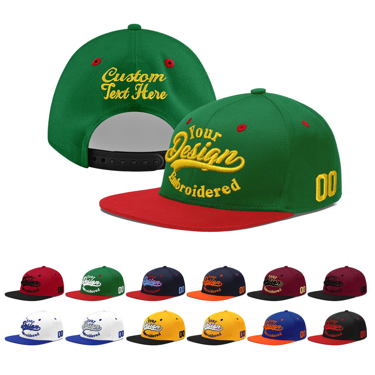 Custom Kelly Green Red 3D Puff Embroidery Flat Embroidery Casual Sport Baseball Cap