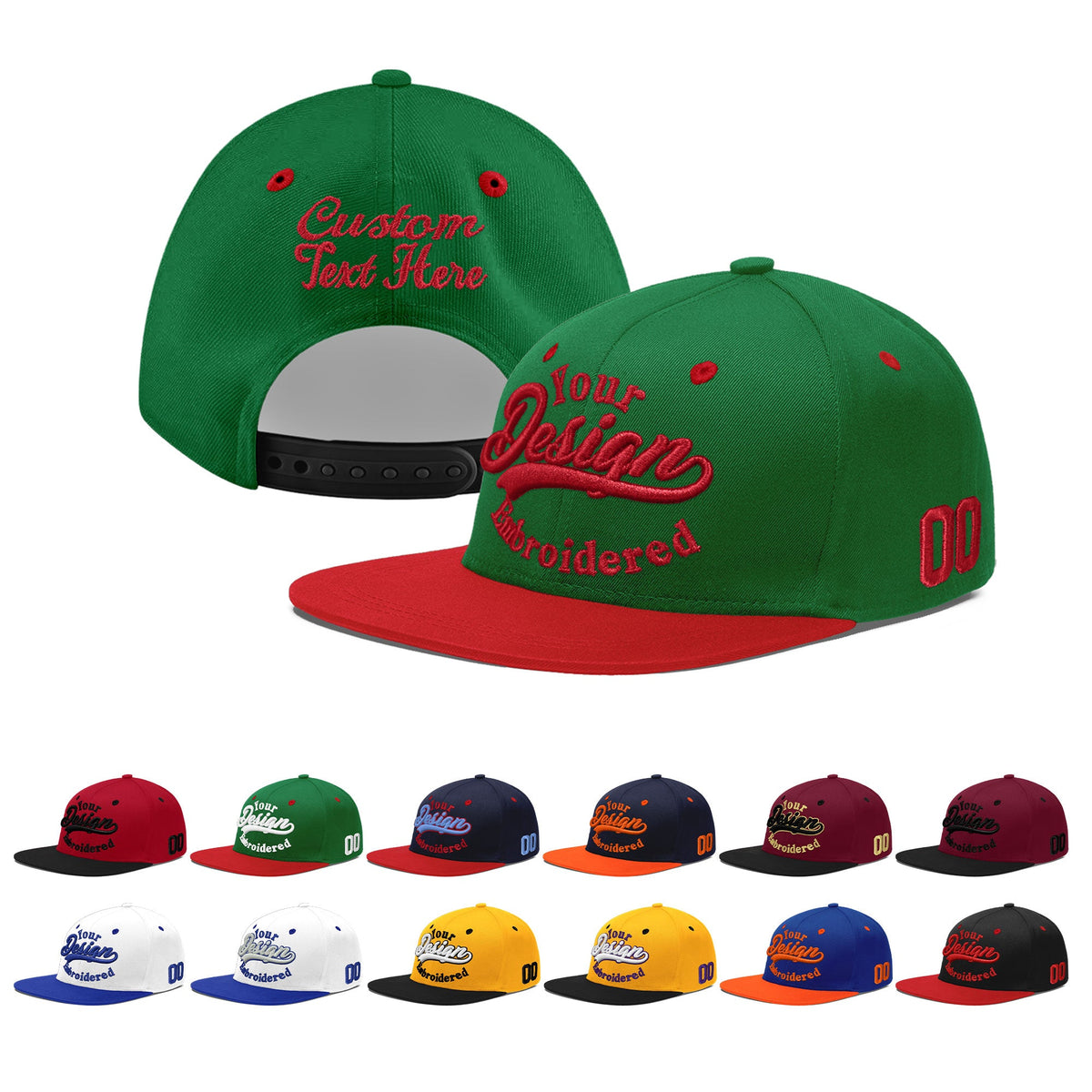 Custom Kelly Green Red 3D Puff Embroidery Flat Embroidery Casual Sport Baseball Cap