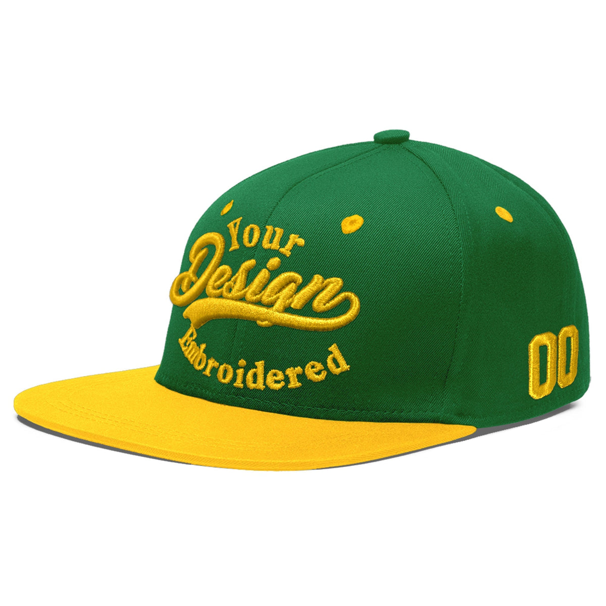 Custom Kelly Green Gold 3D Puff Embroidery Flat Embroidery Casual Sport Baseball Cap