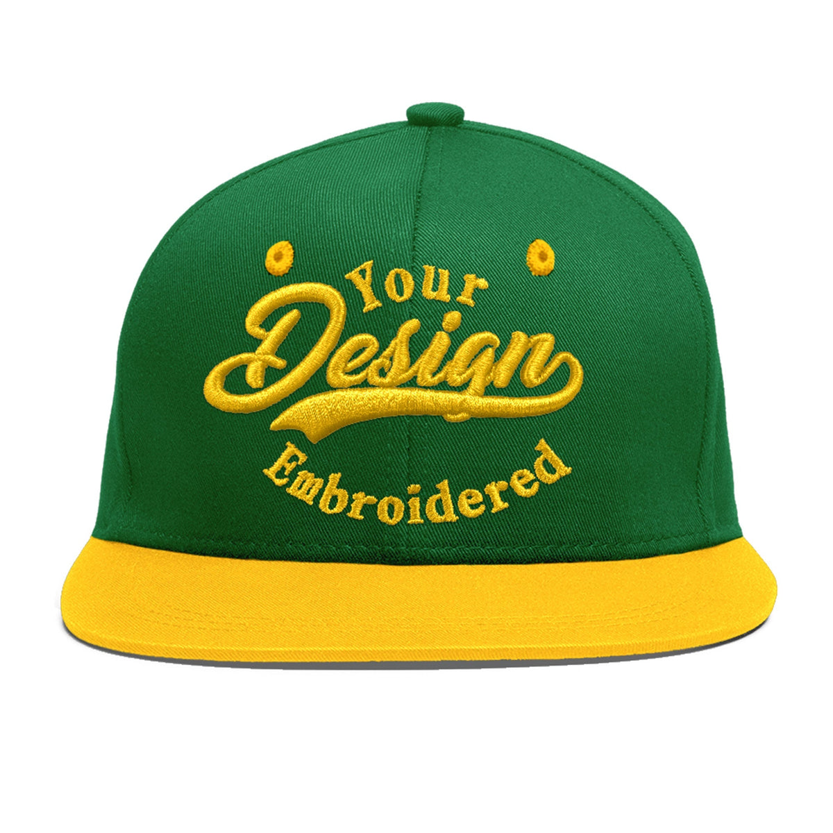 Custom Kelly Green Gold 3D Puff Embroidery Flat Embroidery Casual Sport Baseball Cap