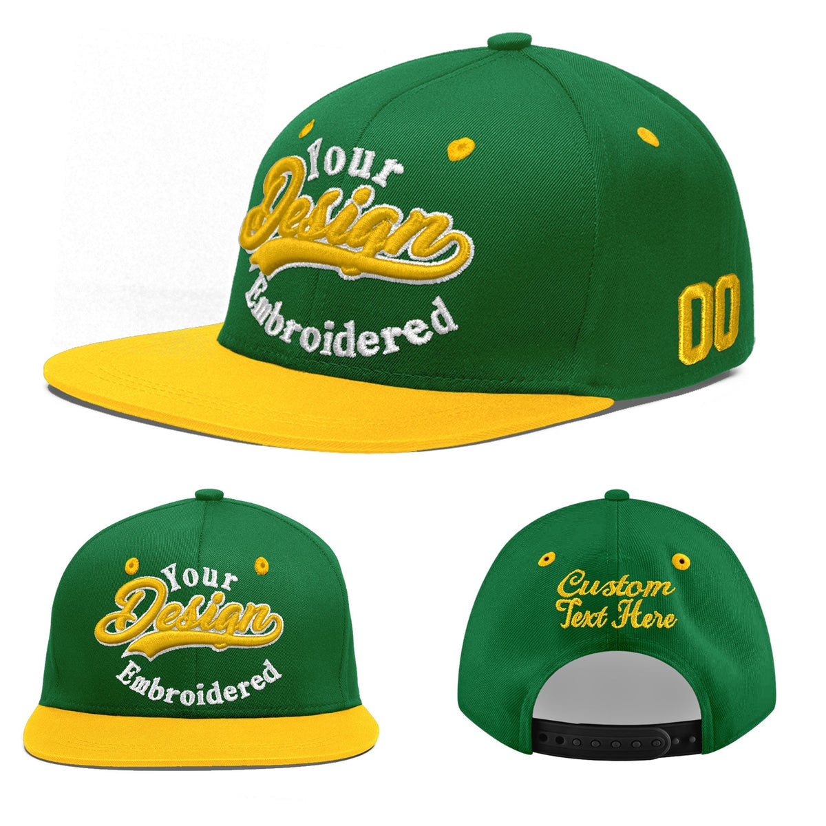 Custom Kelly Green Gold 3D Puff Embroidery Flat Embroidery Casual Sport Baseball Cap