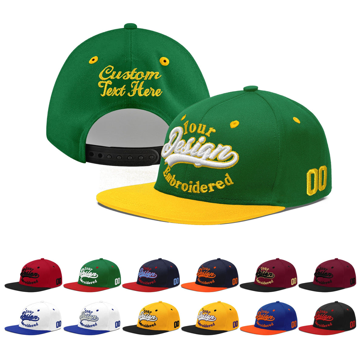 Custom Kelly Green Gold 3D Puff Embroidery Flat Embroidery Casual Sport Baseball Cap