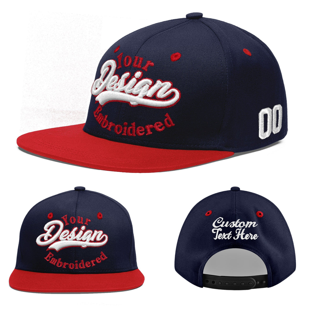 Custom Navy Red 3D Puff Embroidery Flat Embroidery Casual Sport Baseball Cap