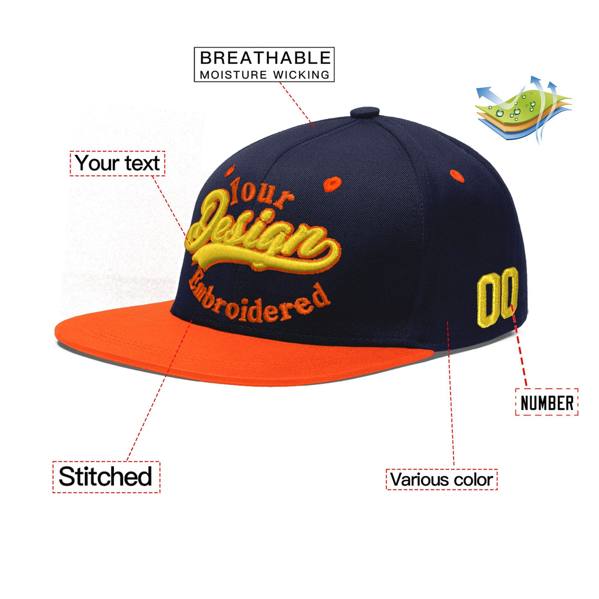 Custom Navy Orange 3D Puff Embroidery Flat Embroidery Casual Sport Baseball Cap