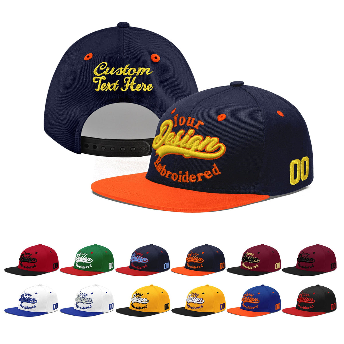 Custom Navy Orange 3D Puff Embroidery Flat Embroidery Casual Sport Baseball Cap