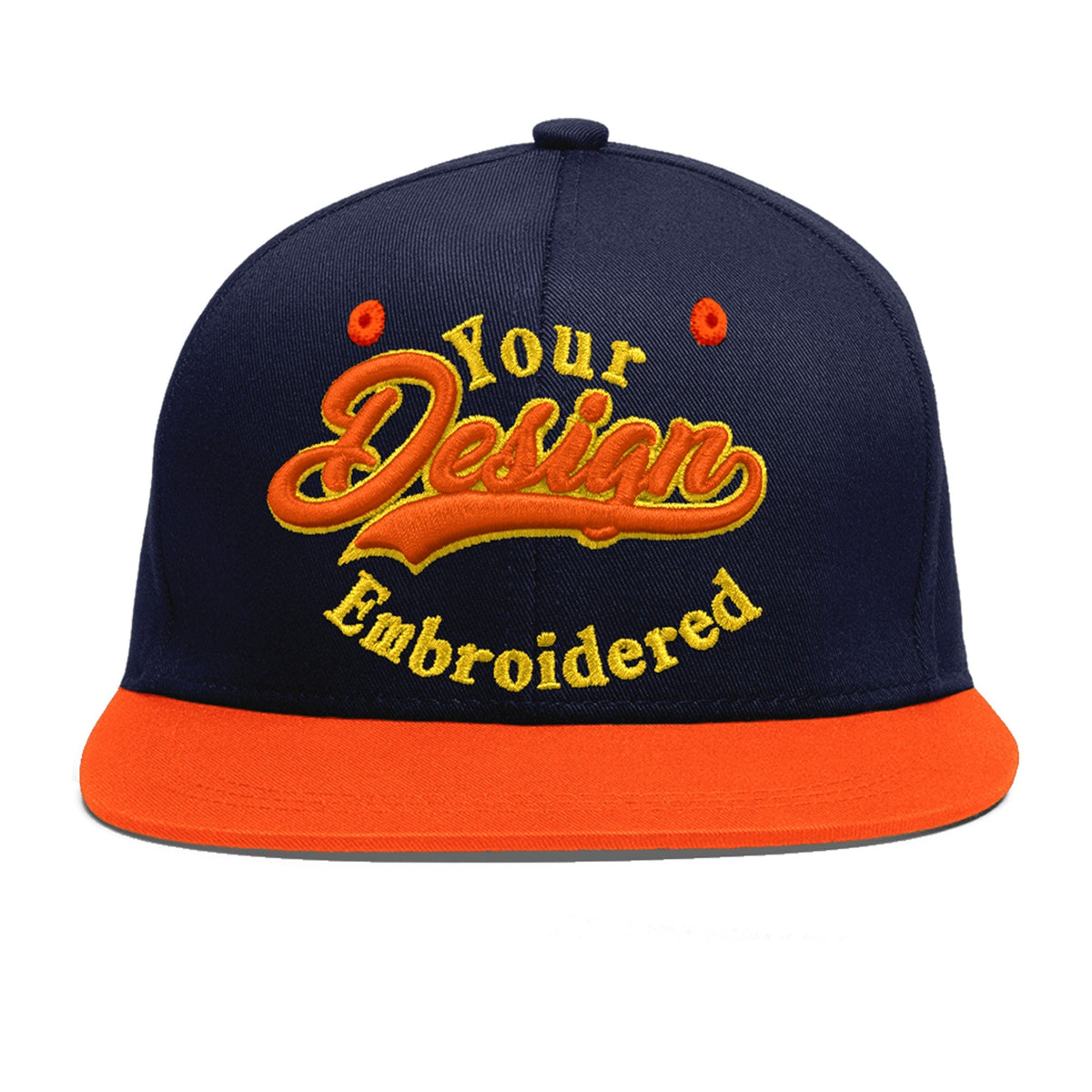 Custom Navy Orange 3D Puff Embroidery Flat Embroidery Casual Sport Baseball Cap