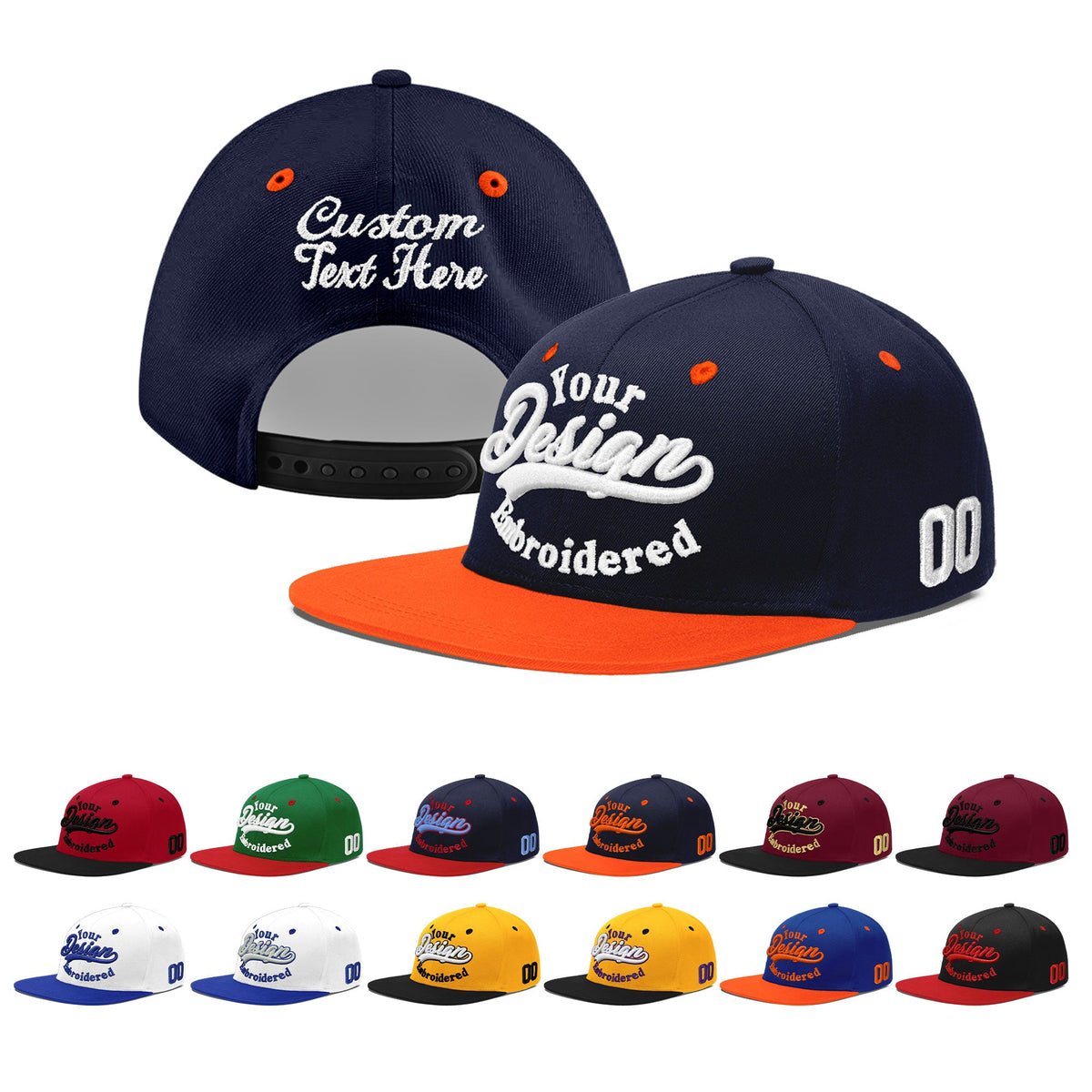 Custom Navy Orange 3D Puff Embroidery Flat Embroidery Casual Sport Baseball Cap
