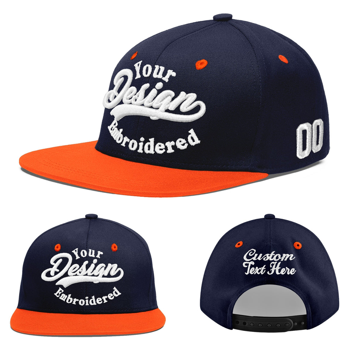 Custom Navy Orange 3D Puff Embroidery Flat Embroidery Casual Sport Baseball Cap