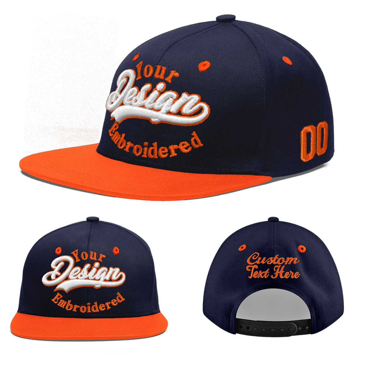 Custom Navy Orange 3D Puff Embroidery Flat Embroidery Casual Sport Baseball Cap