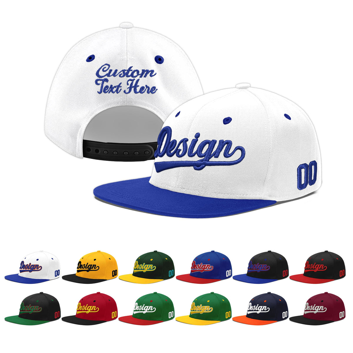 Custom White Royal Blue 3D Puff Embroidery Flat Embroidery Casual Sport Baseball Cap