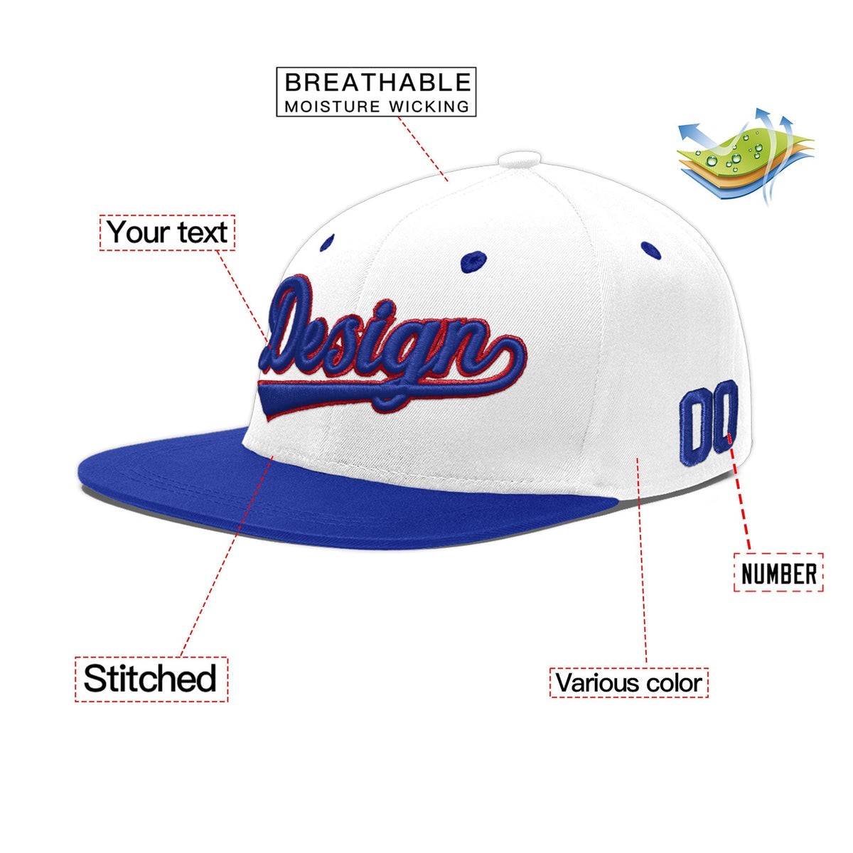 Custom White Royal Blue 3D Puff Embroidery Flat Embroidery Casual Sport Baseball Cap