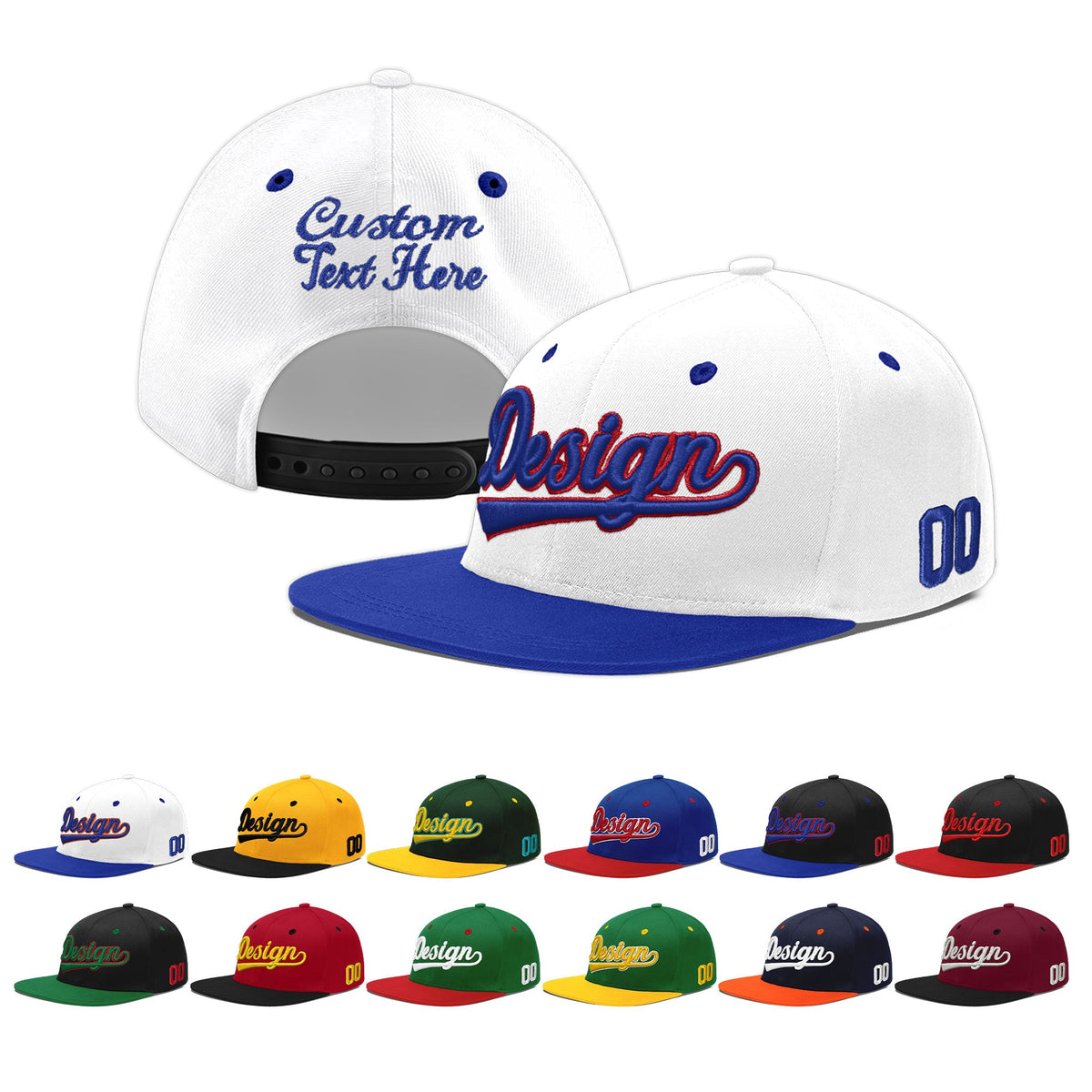 Custom White Royal Blue 3D Puff Embroidery Flat Embroidery Casual Sport Baseball Cap