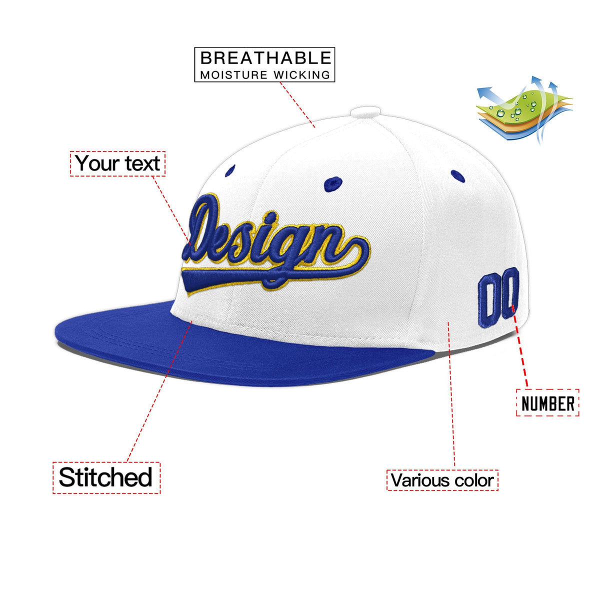 Custom White Royal Blue 133D Puff Embroidery Flat Embroidery Casual Sport Baseball Cap