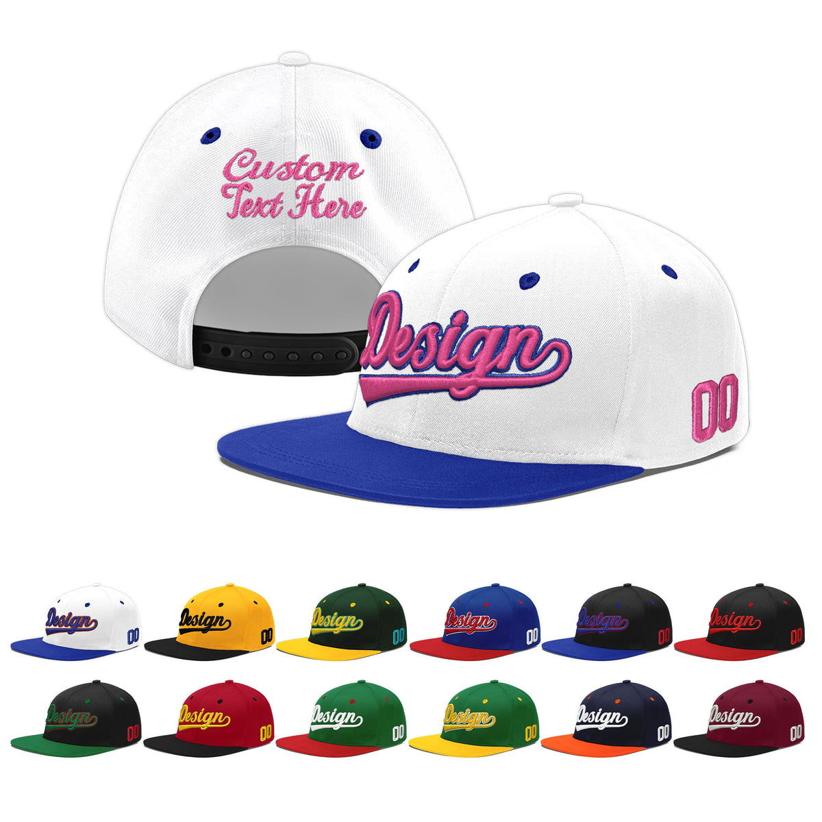 Custom White Royal Blue 147D Puff Embroidery Flat Embroidery Casual Sport Baseball Cap