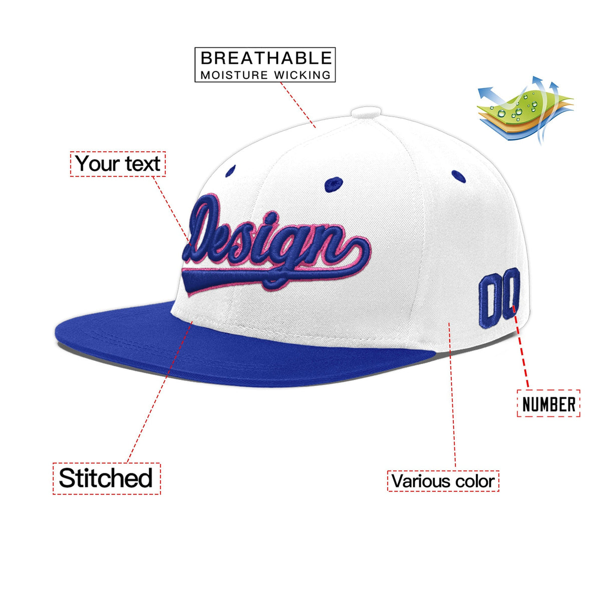 Custom White Royal Blue 157D Puff Embroidery Flat Embroidery Casual Sport Baseball Cap