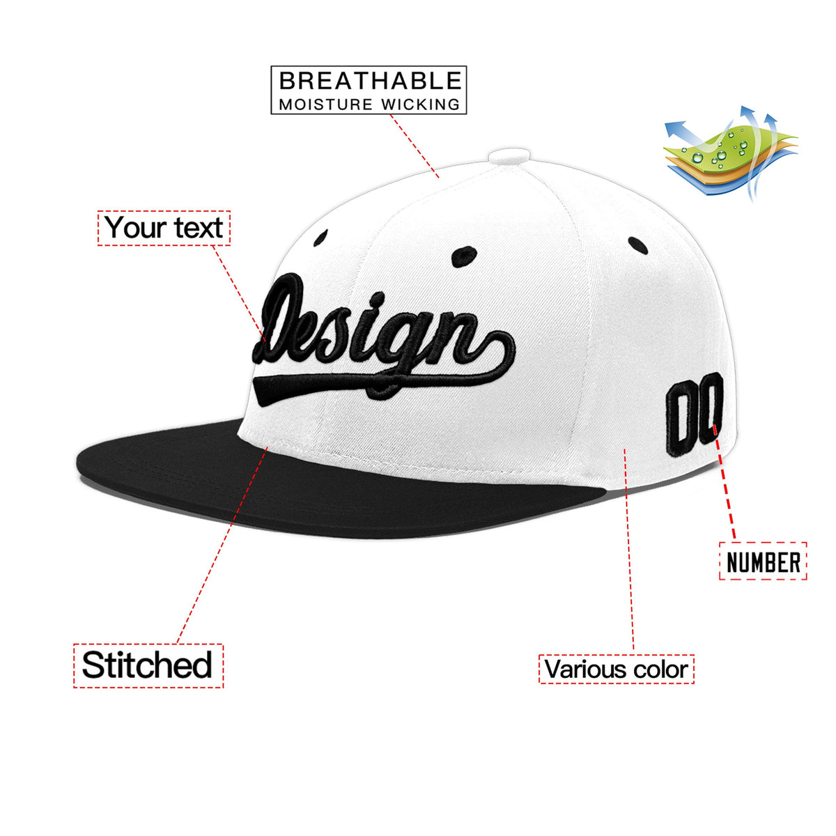 Custom White Black 3D Puff Embroidery Flat Embroidery Casual Sport Baseball Cap