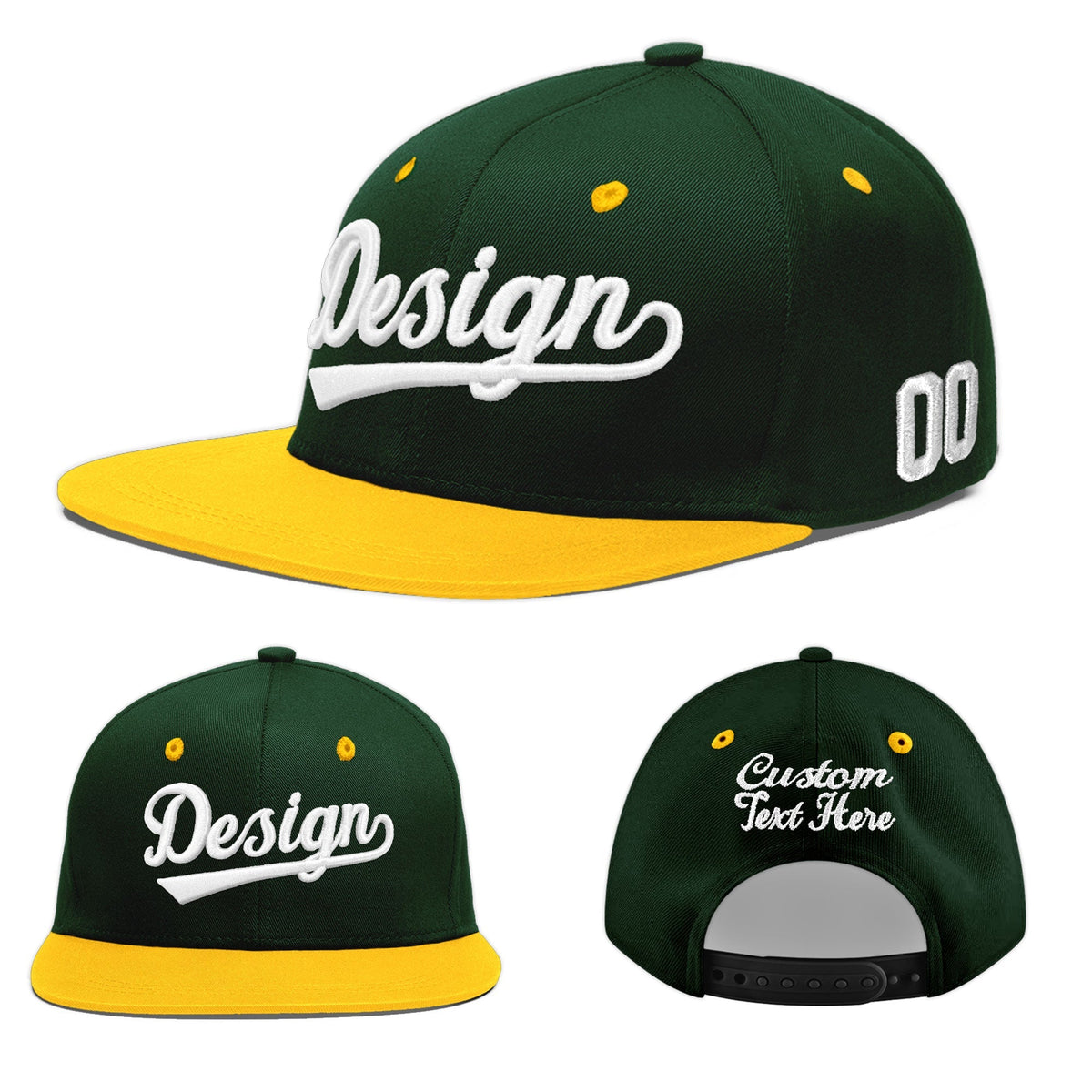 Custom Green Gold 3D Puff Embroidery Flat Embroidery Casual Sport Baseball Cap
