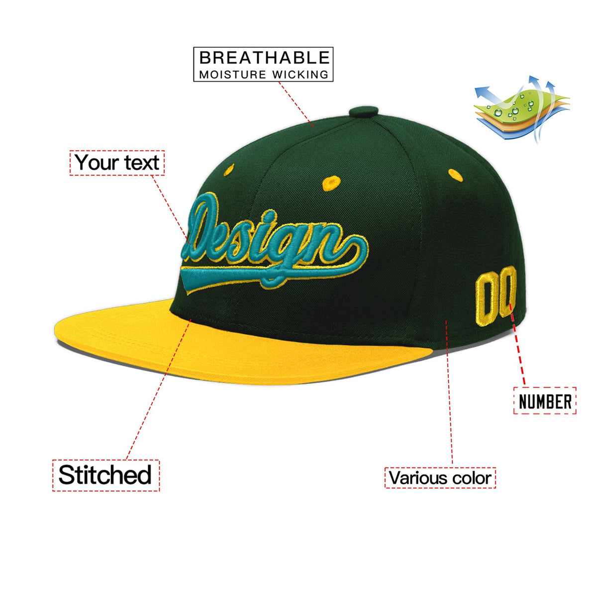 Custom Green Gold 3D Puff Embroidery Flat Embroidery Casual Sport Baseball Cap