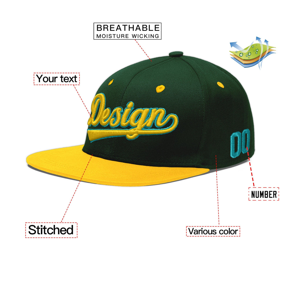 Custom Green Gold 3D Puff Embroidery Flat Embroidery Casual Sport Baseball Cap