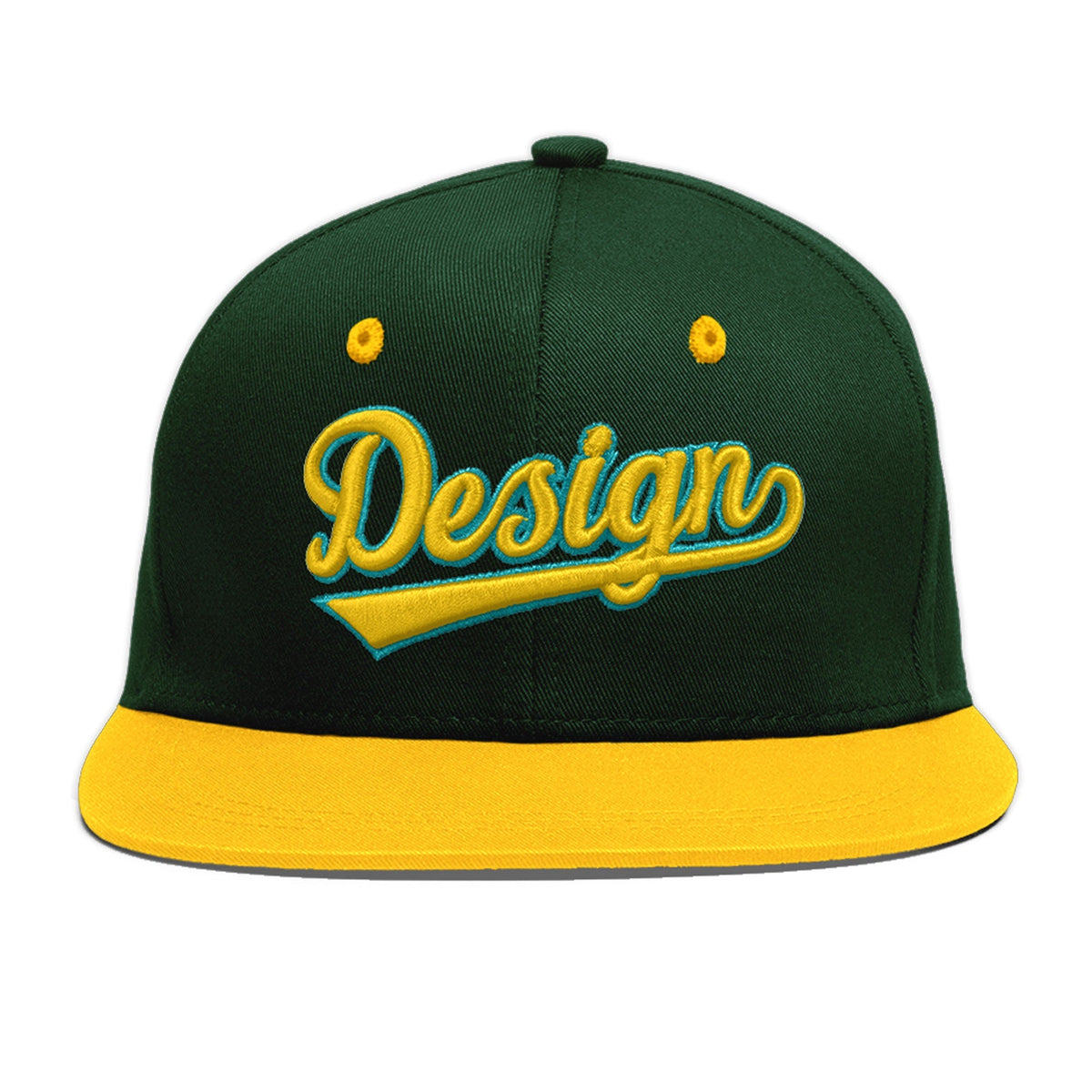 Custom Green Gold 3D Puff Embroidery Flat Embroidery Casual Sport Baseball Cap